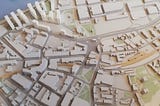 Close up of an architect’s model of London, centred on Woolwich