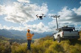 A woman in a high-visibility orange jacket and hard hat operates a drone controller as an industrial drone lifts off near a powerline in a remote, mountainous region. A white utility vehicle is parked nearby in long tussock grass, with dramatic alpine peaks and a bright blue sky forming the scenic backdrop.