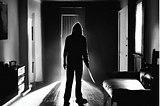 A hooded man stands menacingly with a knife in dark apartment.