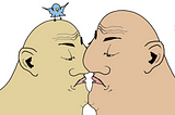 A cartoon of two faces, but they are the same face. They’re both grumpy. They’re both bald with big ears, dark eyebrows, a big nose and a sour expression. Their mood has nothing to with their noses, eyebrows, or baldness. One of them has a blue bird landing on his head. No one, not even the bird knows why. Art by Doodleslice 2024.