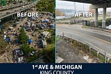 Aerial photos of an encampment in King County before and after WSDOT worked to clear the site of debris and abandoned vehicles