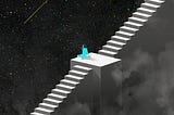 The image depicts a person sitting on a platform at the top of a seemingly endless staircase. The staircase is white and extends upwards into a dark, starry sky. A shooting star streaks across the sky, and the person appears to be gazing at it. The overall mood of the image is one of contemplation and wonder.