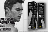 Fake ad feauting a sexy man in the shower next to a fake product with copy that hints at toxic masculinity. The tagline says “Everyday powerful and strong”. Ad and product designed by Giorgia Lombardo. Download the box design in the fake ad and build it yourself.