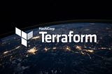 A photo taken from outer space of night-time lights on Earth, with the Terraform logo overlaid
