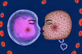 Image generated via DALL·E with the caption “A cell with a human face and a mitochondria with a human face kissing with red hearts around them digital art.”