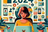 2024 overall marketing plan for creatives by Karen Michaels social butterfly group teal overtones, butterflies, female freelancer working at her Apple laptop