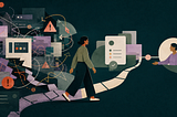 Editorial cut-paper illustration of a person walking from tangled interface panels and warning symbols toward a clear path, simplified screen, and person offering help.