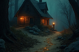 A lit trail to a house in the woods