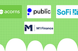 A green background with logos of four micro-investing apps: Acorns, Public, SoFi, and M1 Finance. The image is part of an article titled ‘The Best Micro-Investing Apps for Beginners: Start Building Your Financial Future in 2024’