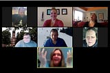 Screenshot of 7 people participating in an online birthday party chat, several with funny expressions on their faces.