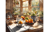 Miscellaneous fruits sitting on a kitchen table in a warm sunlit room.