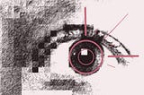 An illustration of an eye with a stylized digital marking over the iris.