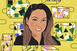 A digital illustration of a brown-skinned woman with long dark hair, with one side swept behind her ear, wearing a black v-neck top. The background is chartreuse and on it are seven randomly sized outlines of cubes with shapes (squares, lines, circles, triangles, sunbursts, semicircles, rectangles) inside them.