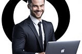 A well-dressed digital marketer in the backdrop of a giant inversion symbol