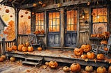 Image shows a wooden veranda of a house, with an orange glow inside the house, and orange pumpkins on and in front of the veranda.