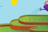 A person with a water can is watering some grass, with a blue sky and bright yellow sun in the background.