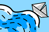 A 2D flat-shaded illustration of a paper ship with text on it sitting dangerously unstable on top of a rolling wave.