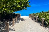 A sandy path to a sunny beach, which is lined with a rope fence and greenery.