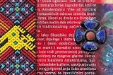 Digital collage: on the far left the stripe of patterns in the shape of a cross; on the right a flower pattern (blue petals, red centre); the background is a book cover (the text in Serbian serves only as an accessory for the digital collage)