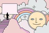 An illustration of a person standing on top of a mountain, overlooking a magical landscape of clouds, rainbow, pie chart, speech bubbles, and a giant gear.