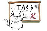 Cat pointing at a whiteboard with TARS written on it, pictures of graphs and a cobra with a red X over it.