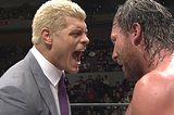Cody Rhodes confronting Kenny Omega in a NJPW ring.