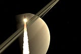 Rocket launching from a moonscape with Saturn in the background