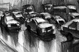 Charcoal sketch of heavy traffic in the rain, just after sunset.