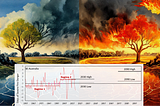 Background showing green and moist Australian landscape on left, with the same landscape in fire on right. Superimposed is an example chart  of changing regimes in FFDI with 2030 and 2090 projections of change for SE Australia
