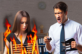 A woman holds a burning abacus. An angry man stands beside her holding a stapler in a threatening manner.