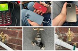 Collage of six photos. A Doro 1380 phone, an iPhone 13 Pro Max and SE 2020, an iPhone 15, plus three showing and old and new outside tap.