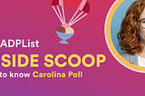Inside scoop banner. Pink/purple gradient with title of article and picture of Carolina Poll. She has light skin, red curly hair, glasses, and a grey blazer.