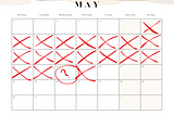 Calendar with red X’s — except for one day and it makes the streak look broken.