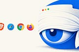 Editorial illustration showing a large blue eye on the right side, partially covered by a white blindfold shaped like a privacy shield. On the left are the logos of Brave, Safari, Chrome, and Firefox browsers. The minimalist design uses an off-white background with subtle grain texture, symbolizing browser privacy features blocking digital advertising surveillance and online tracking.