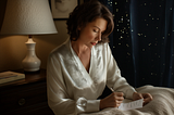 An attractive woman in her forties, dark hair bob, wearing a white satin blouse, writes a  note to the Universe composed of her questions and places it on her bedroom nightstand; stars twinkle in the midnight sky outside her bedroom window.