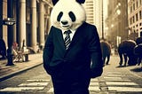 Panda dressed as a business man walking on Wallstreet.