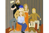 A colorful cartoon family portrait painting of mother & father surrounded by her rough lookin’ kids, rifle and ax in hand.
