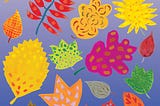 Twenty autumn leaves are painted using gestural strokes of gouache paint in a frontal manner, using invented form and pattern, in a variety of colors, including yellow, magenta, green, orange, and brown.