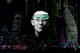 A portrait of William Gibson affably gazing straight into the camera, surrounded by darkness. It was been superimposed over a neon-glowing cyberpunk cityscape. In the background is a Matrix-style ‘code waterfall.’ Image: Frédéric Poirot (modified) https://www.flickr.com/photos/fredarmitage/1057613629 CC BY-SA 2.0 https://creativecommons.org/licenses/by-sa/2.0/