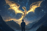A man looks at the sky at an iridescent gold dragon.