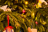 A Christmas tree extreme close-up with various baubles