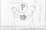 Sticky figure style drawing of a person asking another person for help with a small puzzle.