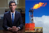 Photo of Rishi Sunak and photo of North Sea gas flare