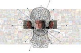 Machine learning image, with directional faces, head diagram clipart, against transparent people montage.