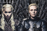 A photo of Jon Snow, Daenerys Targaryen, Brienne of Tarth and Arya Stark, each seated on the Iron Throne.