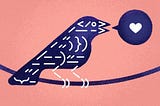 A two-dimensional illustration of a blue bird with dashes of code symbols emulating its feathers and a speech bubble with a heart symbol. The bird sits on a wire against a pink background.