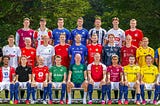 Team Norway ready for the World Cup, posing together in their childhood football club jerseys.