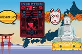 A collage featuring a map of Japan, a Buddha statue, a fox mask, a red gate and a poster for an anime movie