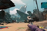 Borderlands 3 protagonist Amara stands looking out over the game’s first open world zone, with sci-fi structures looming in the distance.