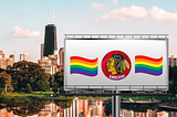 Image of billboard with Blackhawk logo and rainbow flags in front of Chicago skyline